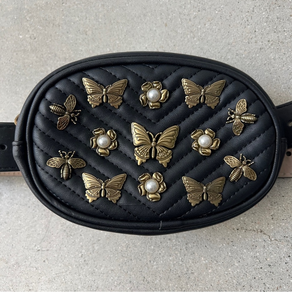 STEVEN MADDEN W-Bugged Bronze Butterfly Pearl Flowers Black Belt Bag Fanny Pack - Picture 7 of 15